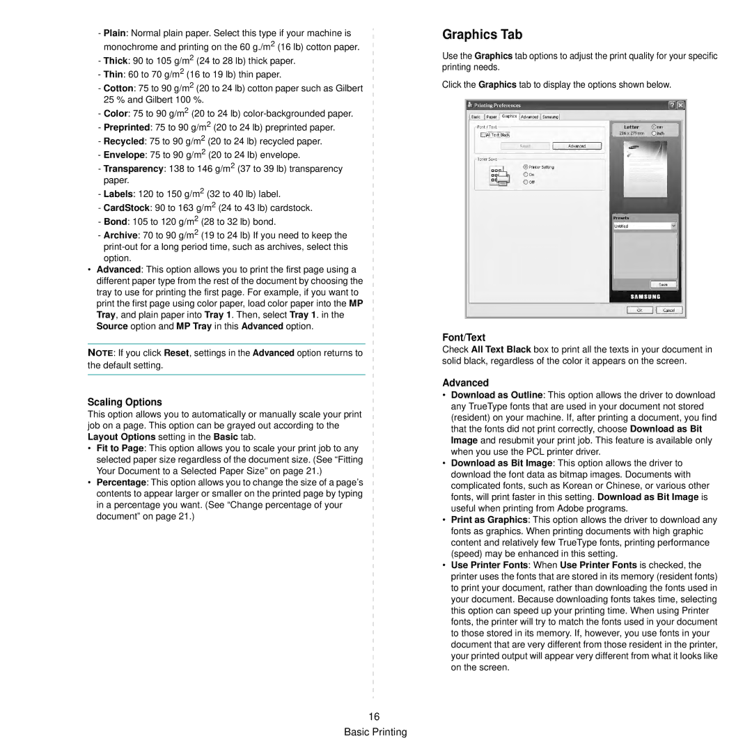 Samsung SCX-6545N manual Graphics Tab, Scaling Options, Font/Text, Advanced 