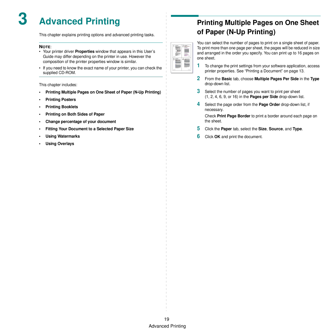 Samsung SCX-6545N manual Advanced Printing, Printing Multiple Pages on One Sheet of Paper N-Up Printing 