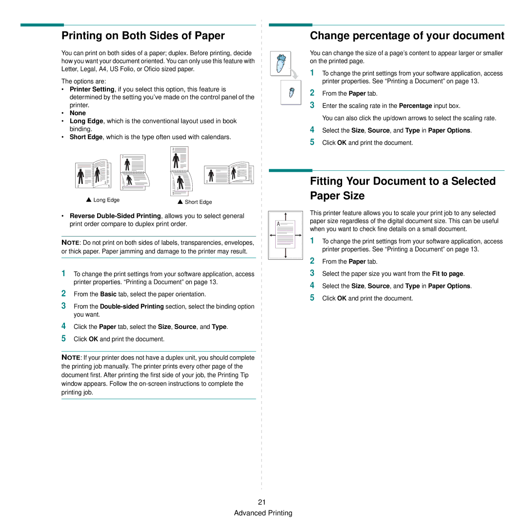 Samsung SCX-6545N manual Printing on Both Sides of Paper, Change percentage of your document, None 