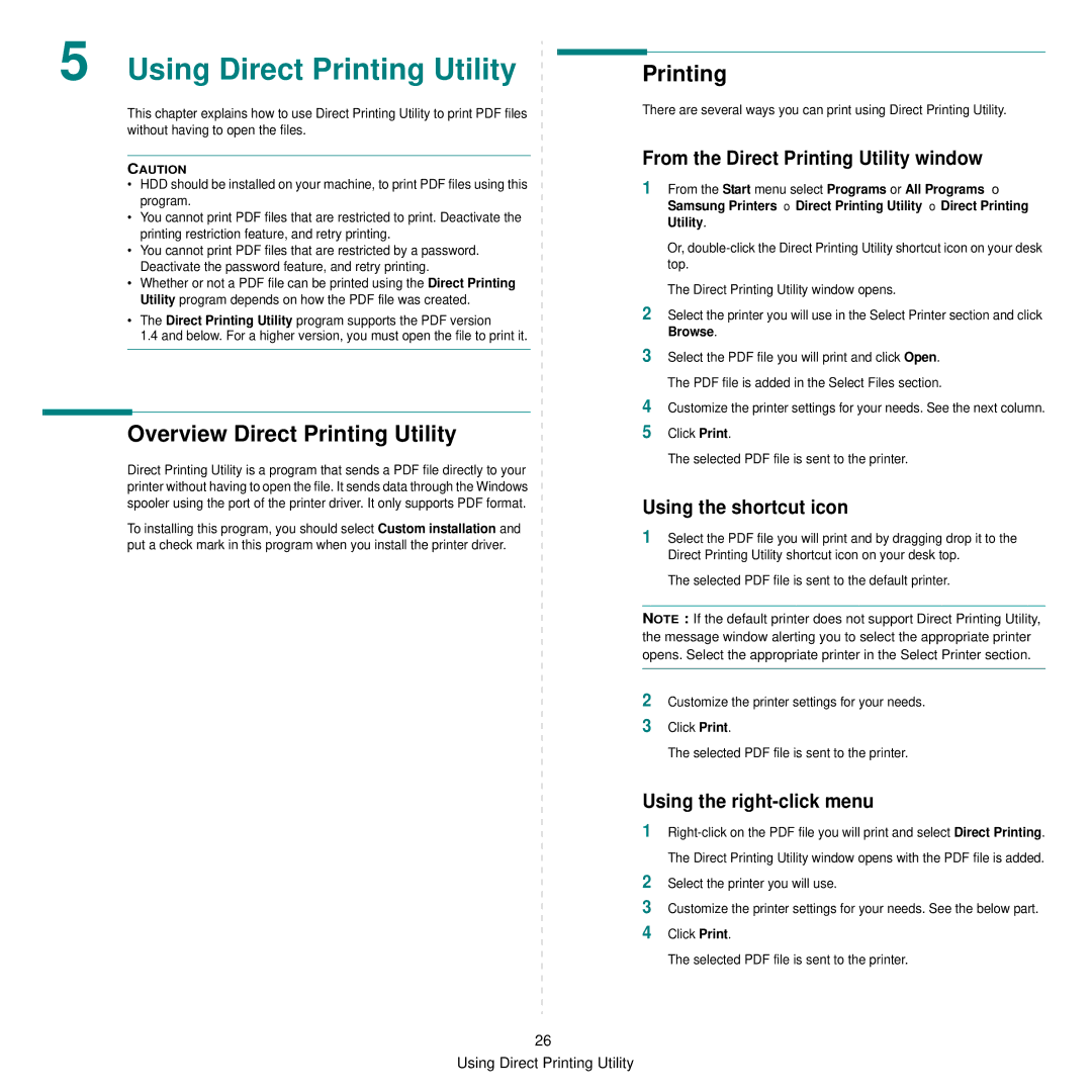 Samsung SCX-6545N manual Overview Direct Printing Utility, From the Direct Printing Utility window, Using the shortcut icon 