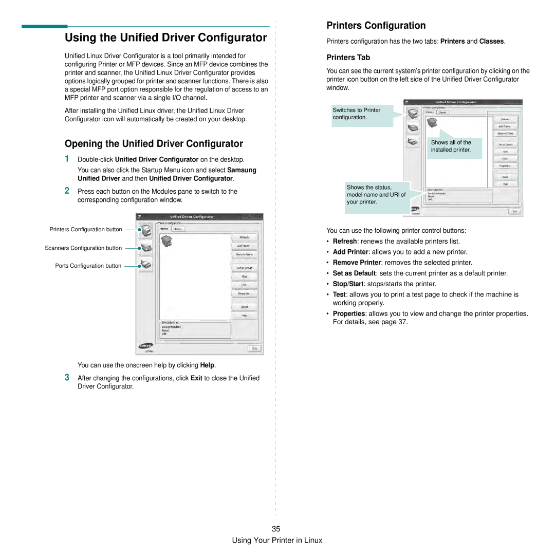 Samsung SCX-6545N Using the Unified Driver Configurator, Opening the Unified Driver Configurator, Printers Configuration 