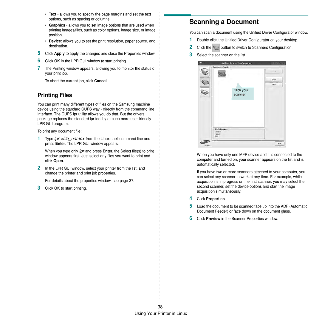 Samsung SCX-6545N manual Scanning a Document, Printing Files, Click Properties 