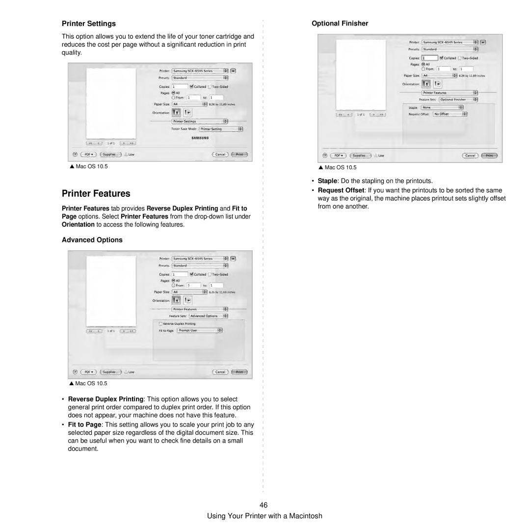 Samsung SCX-6545N manual Printer Features, Printer Settings, Advanced Options, Optional Finisher 
