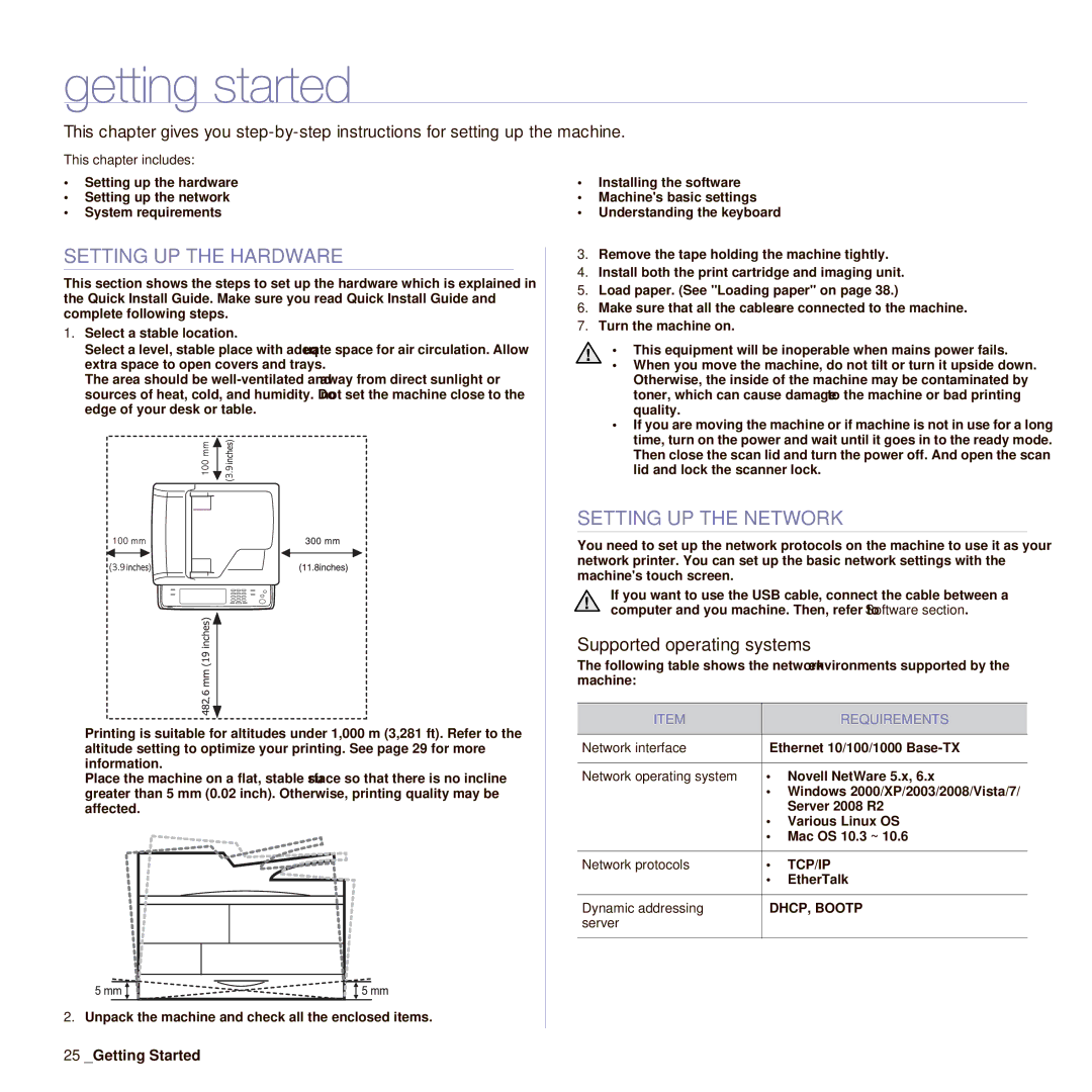 Samsung SCX-6545N manual Getting started, Setting UP the Hardware, Setting UP the Network, Supported operating systems 