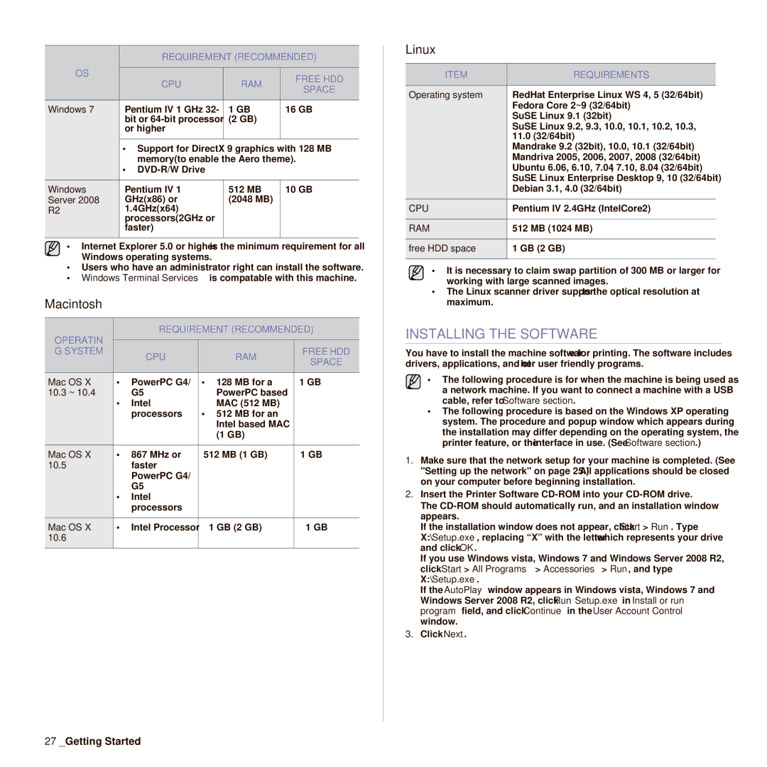 Samsung SCX-6545N manual Installing the Software, Macintosh, Linux 