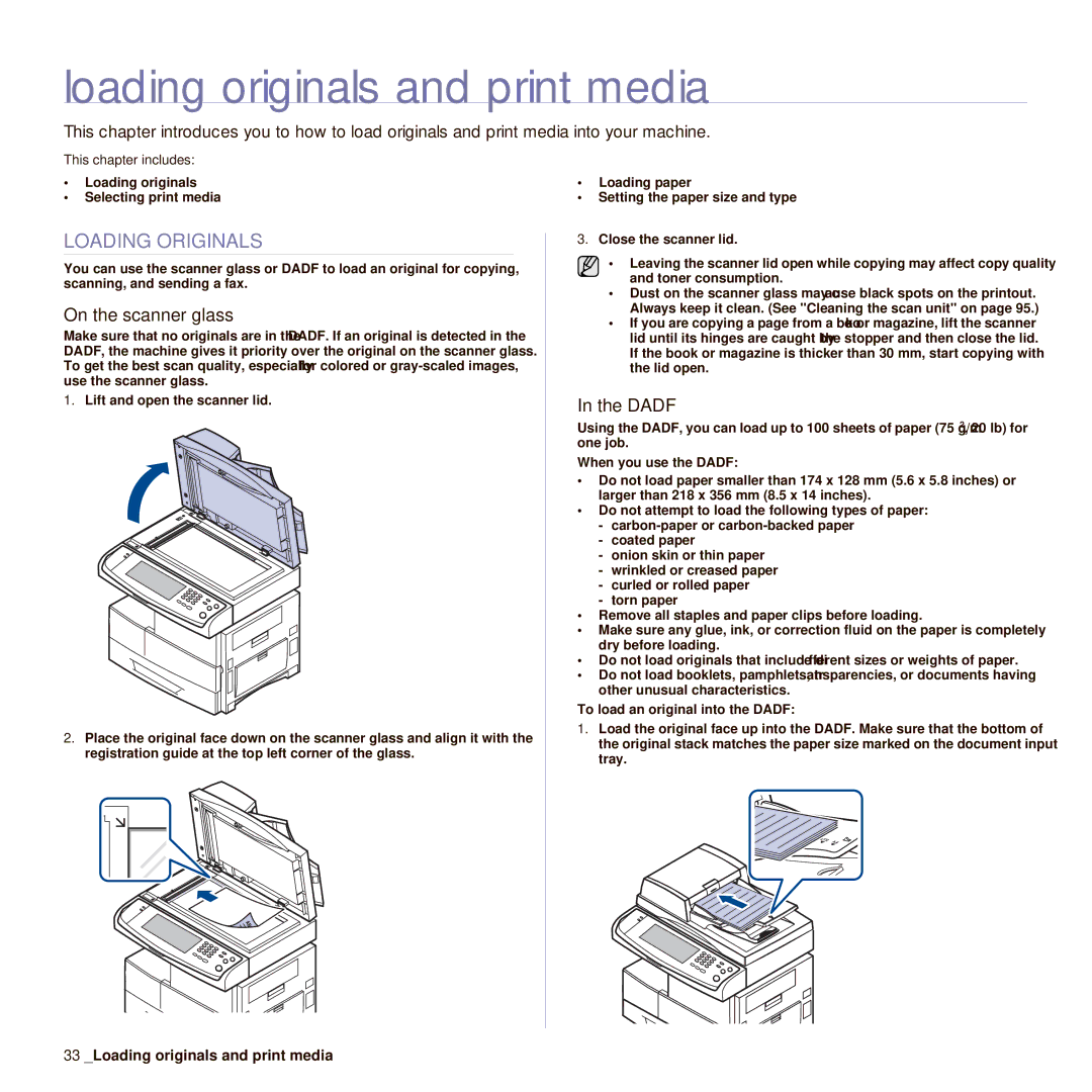 Samsung SCX-6545N manual Loading originals and print media, Loading Originals, On the scanner glass, Dadf 