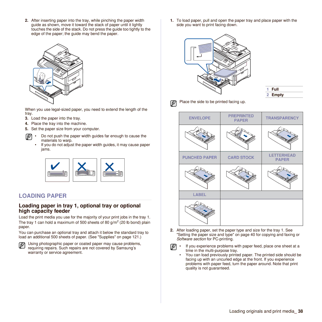 Samsung SCX-6545N manual Loading Paper, Full Empty 