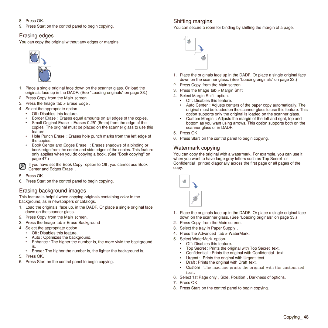 Samsung SCX-6545N manual Erasing edges, Erasing background images, Shifting margins, Watermark copying 