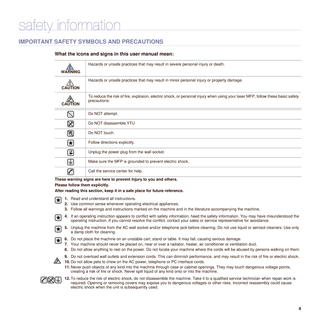 Samsung SCX-6545N manual Safety information, Important Safety Symbols and Precautions 