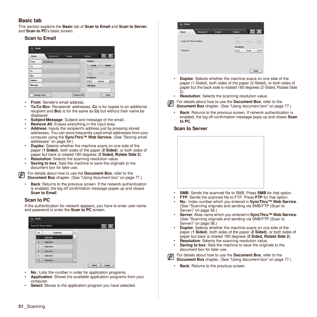 Samsung SCX-6545N manual Scan to Email, Scan to PC, Scan to Server 