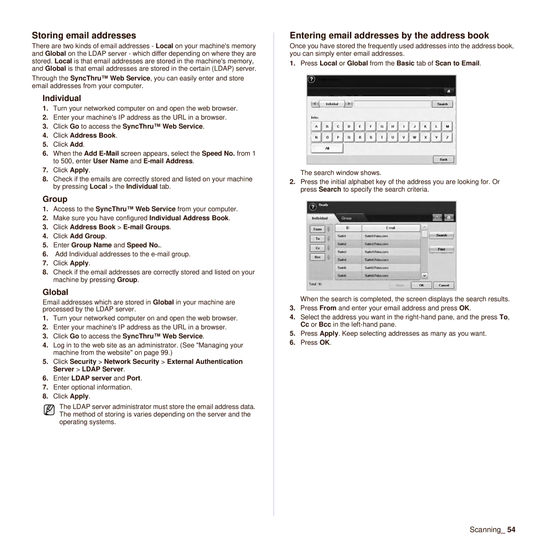 Samsung SCX-6545N manual Storing email addresses, Entering email addresses by the address book, Individual, Group, Global 