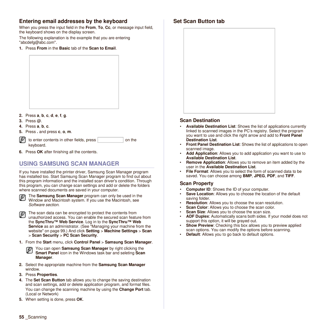 Samsung SCX-6545N Using Samsung Scan Manager, Entering email addresses by the keyboard, Set Scan Button tab, Scan Property 