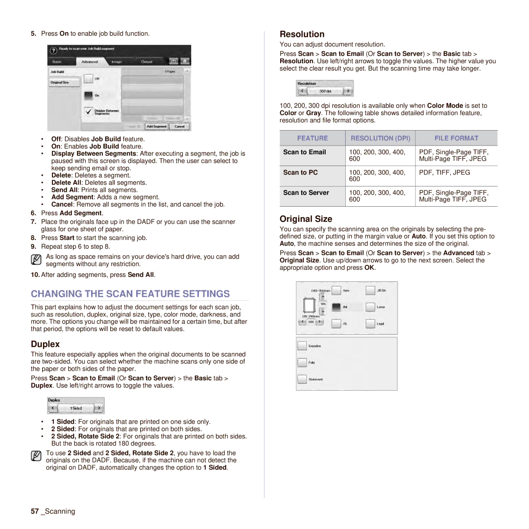 Samsung SCX-6545N manual Changing the Scan Feature Settings, Duplex, Resolution, Original Size 