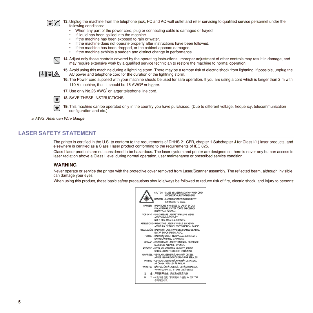 Samsung SCX-6545N manual Laser Safety Statement 