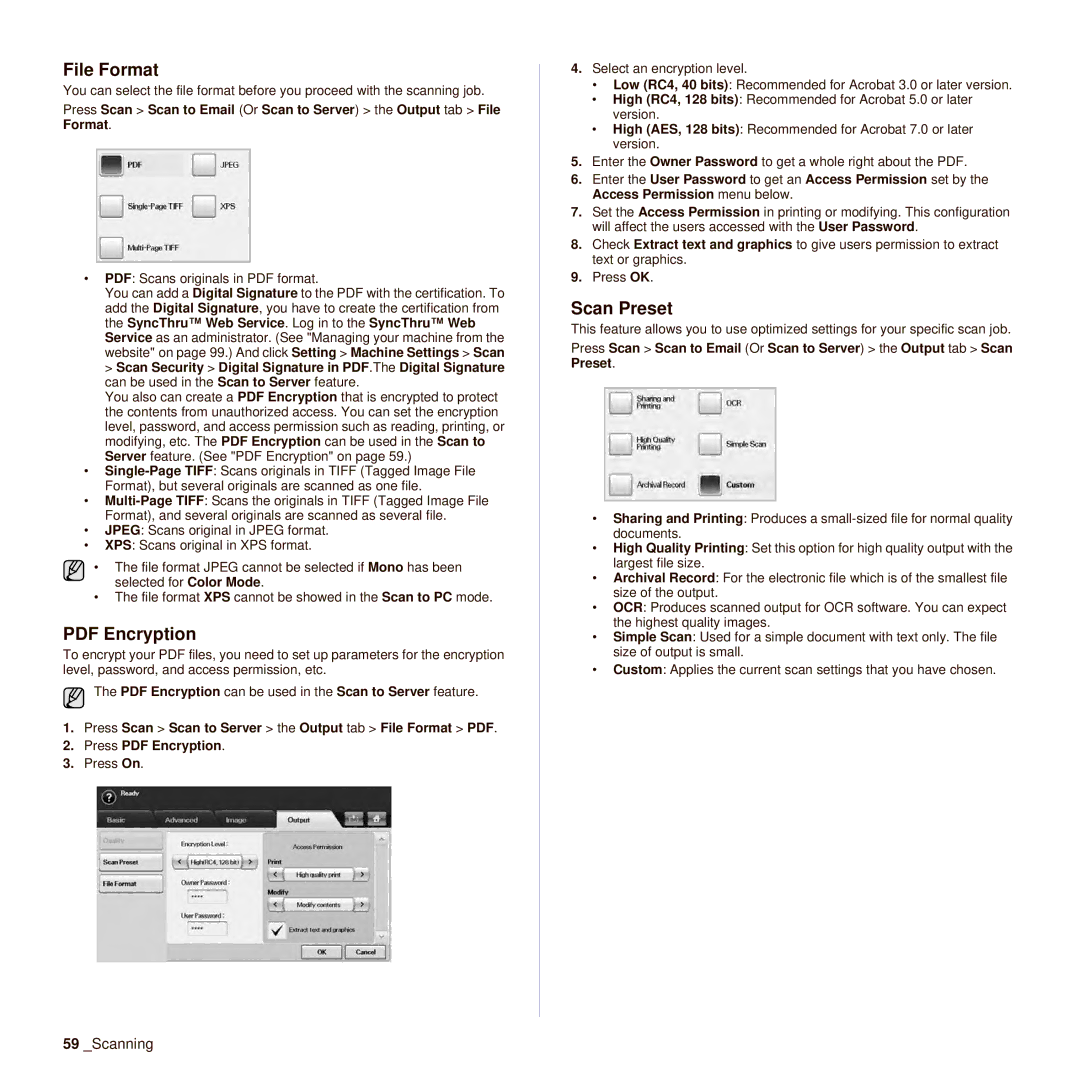 Samsung SCX-6545N manual File Format, Scan Preset 