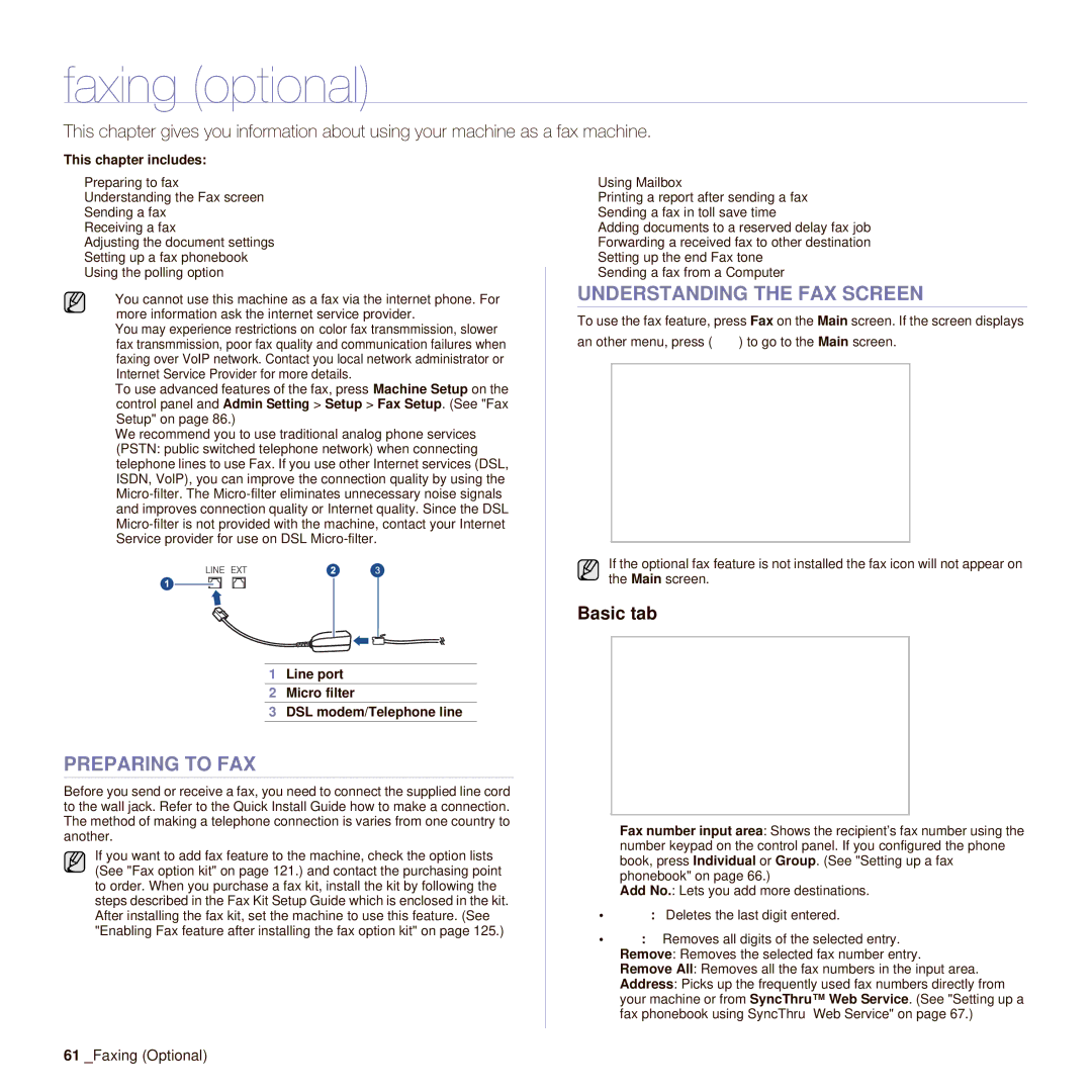 Samsung SCX-6545N manual Faxing optional, Preparing to FAX, Understanding the FAX Screen, Faxing Optional 