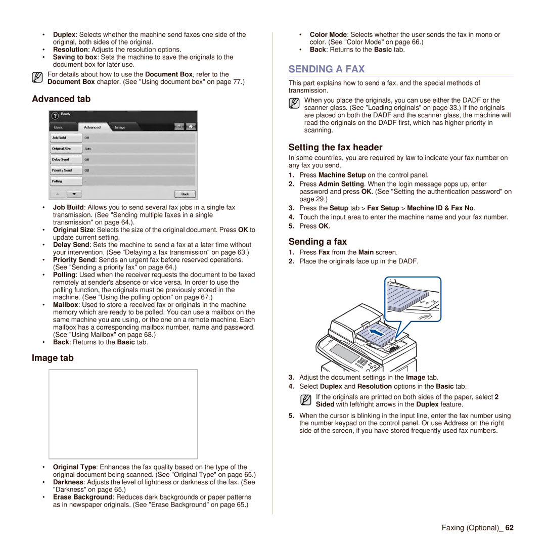 Samsung SCX-6545N Sending a FAX, Setting the fax header, Sending a fax, Press the Setup tab Fax Setup Machine ID & Fax No 