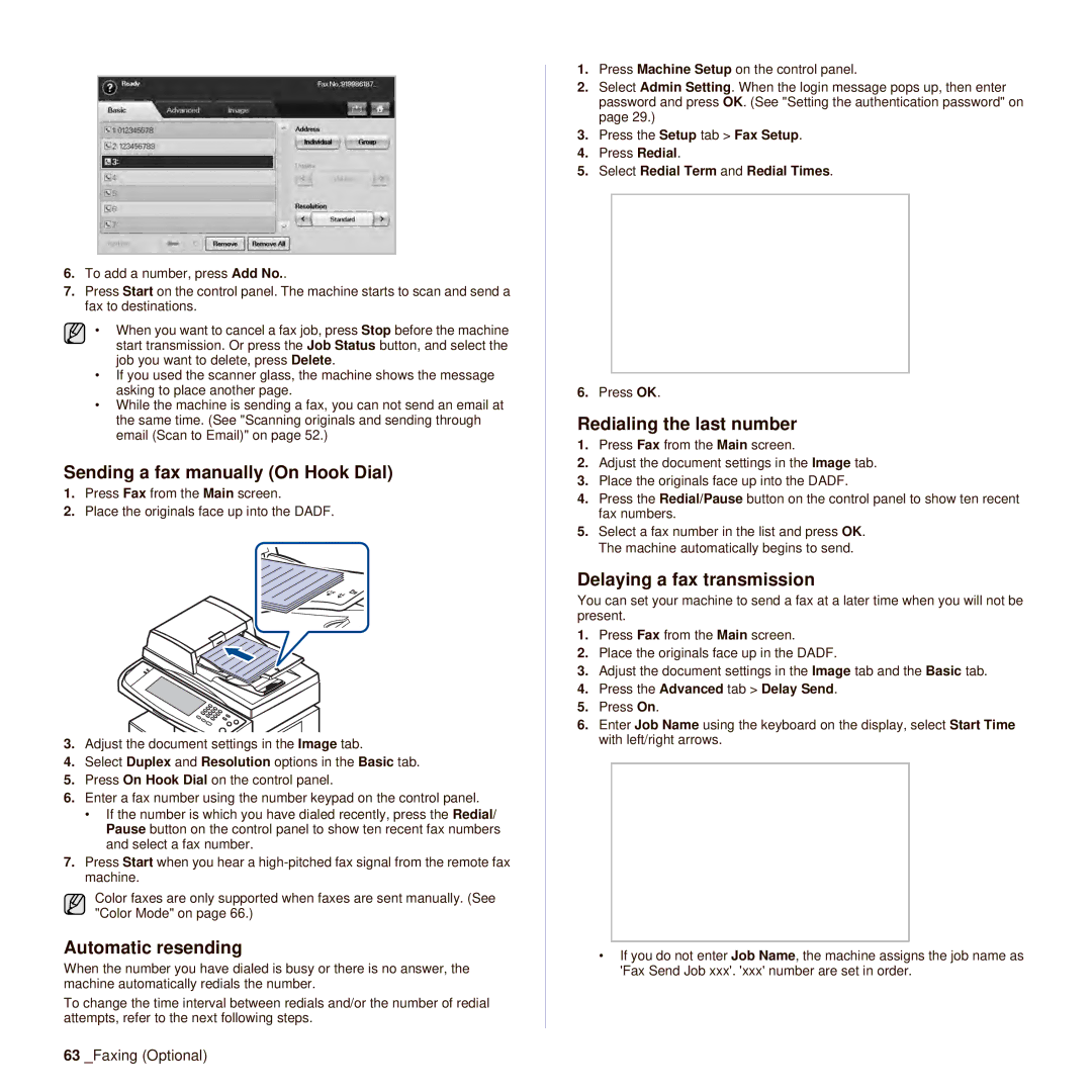 Samsung SCX-6545N Sending a fax manually On Hook Dial, Automatic resending, Redialing the last number 