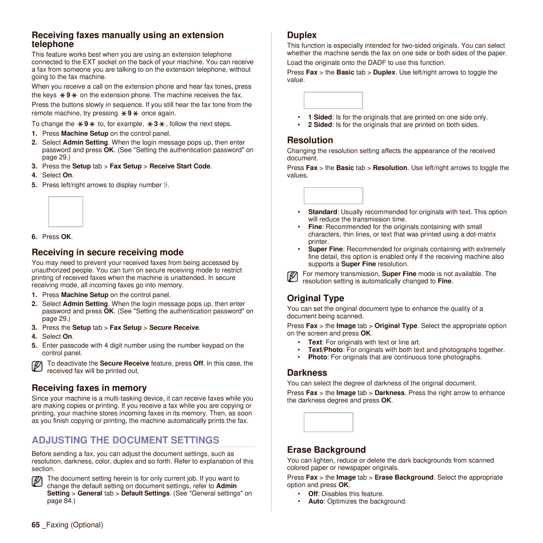 Samsung SCX-6545N Adjusting the Document Settings, Receiving faxes manually using an extension telephone 