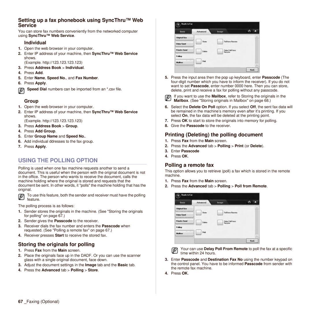 Samsung SCX-6545N Using the Polling Option, Setting up a fax phonebook using SyncThru Web Service, Polling a remote fax 