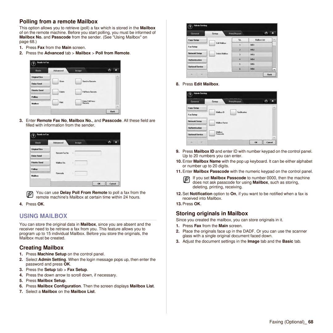 Samsung SCX-6545N manual Using Mailbox, Polling from a remote Mailbox, Creating Mailbox, Storing originals in Mailbox 