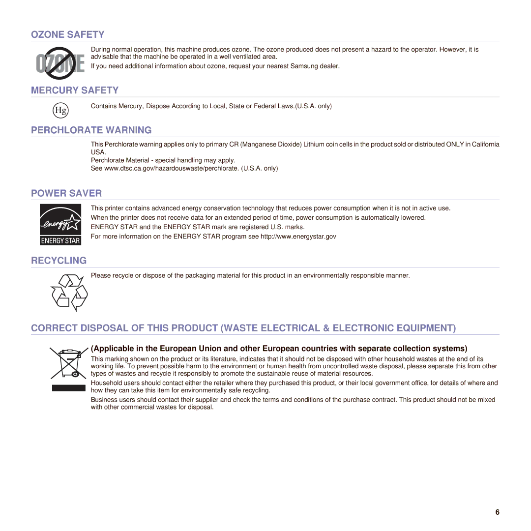 Samsung SCX-6545N manual Ozone Safety, Mercury Safety, Perchlorate Warning, Power Saver, Recycling 