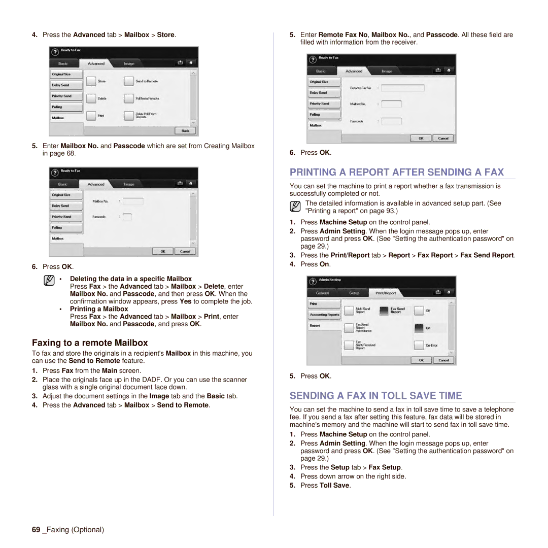 Samsung SCX-6545N manual Printing a Report After Sending a FAX, Sending a FAX in Toll Save Time, Faxing to a remote Mailbox 