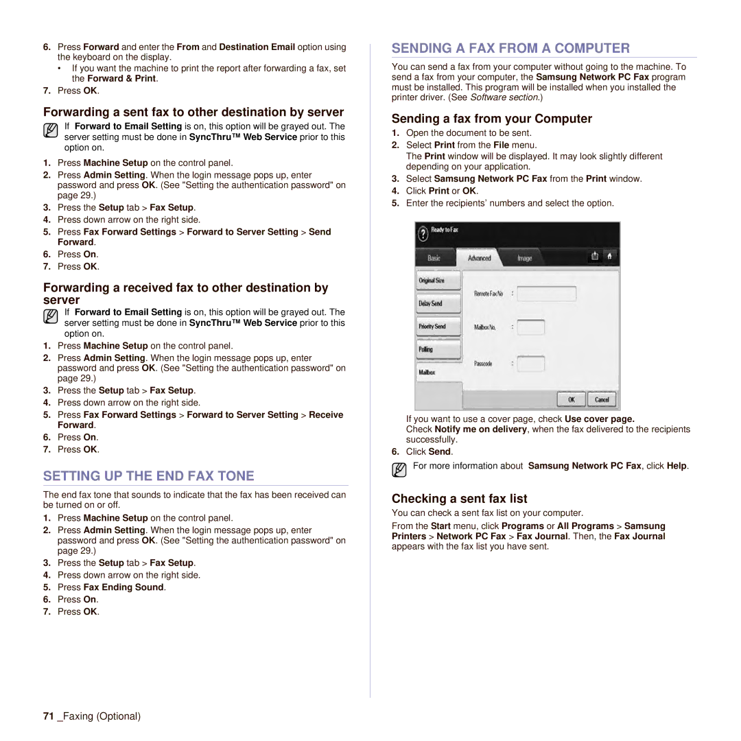 Samsung SCX-6545N manual Setting UP the END FAX Tone, Sending a FAX from a Computer 