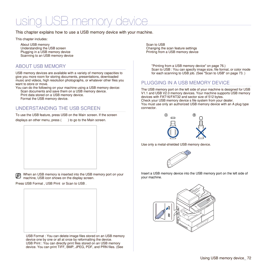 Samsung SCX-6545N Using USB memory device, About USB Memory, Understanding the USB Screen, Plugging in a USB Memory Device 