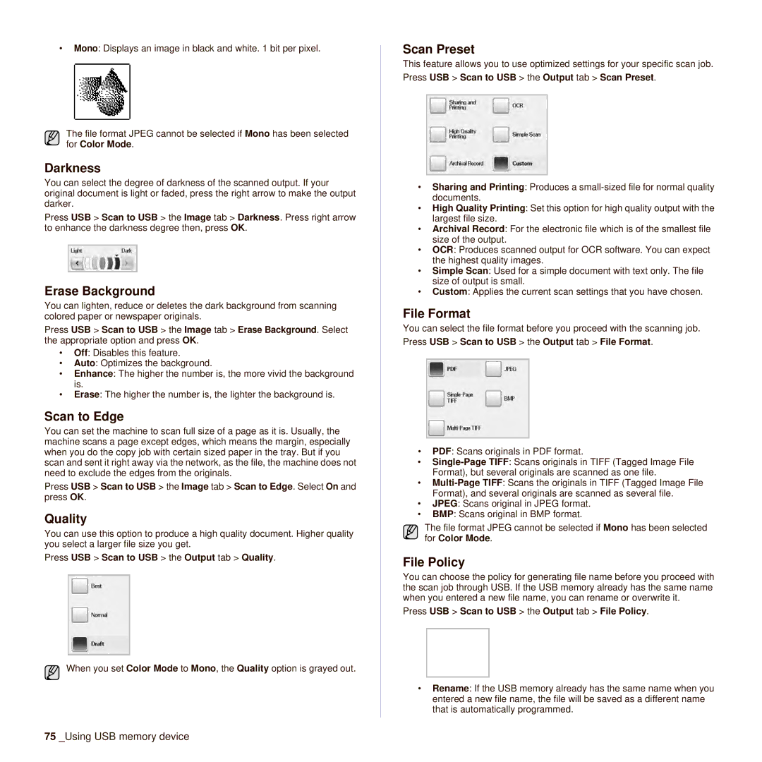 Samsung SCX-6545N manual File Policy, Press USB Scan to USB the Output tab Quality 