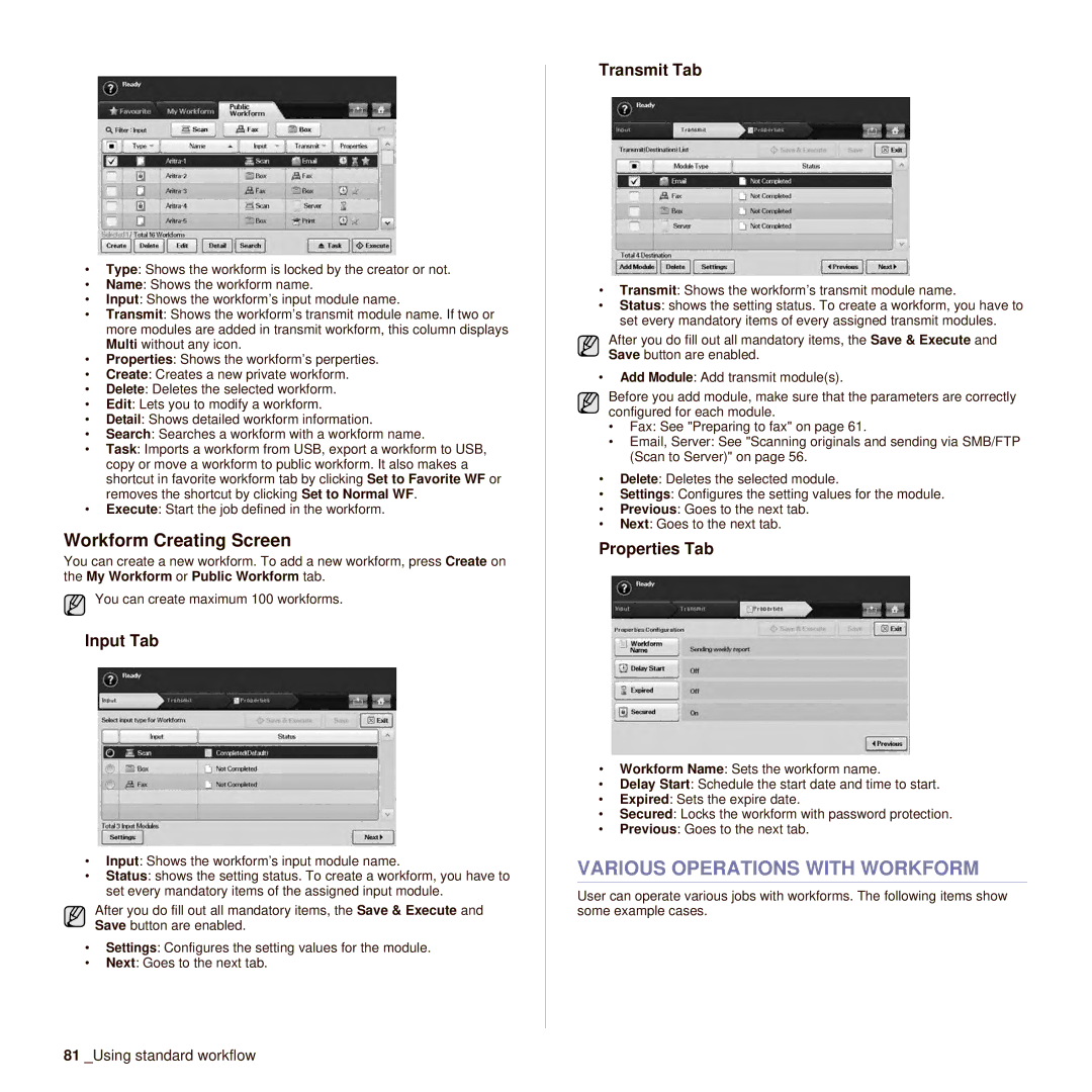 Samsung SCX-6545N Various Operations with Workform, Workform Creating Screen, Input Tab, Transmit Tab, Properties Tab 