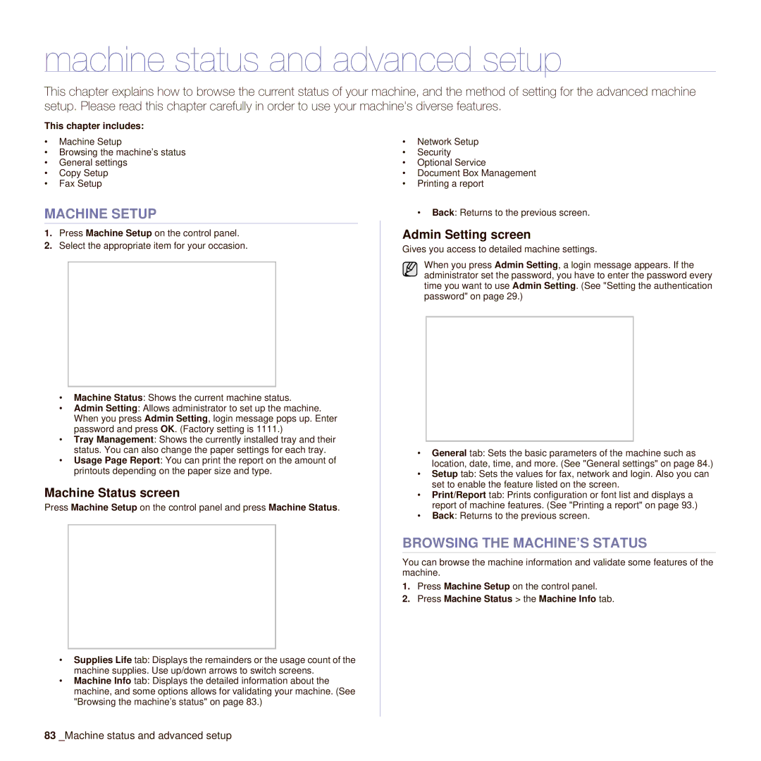 Samsung SCX-6545N Machine status and advanced setup, Machine Setup, Browsing the MACHINE’S Status, Machine Status screen 