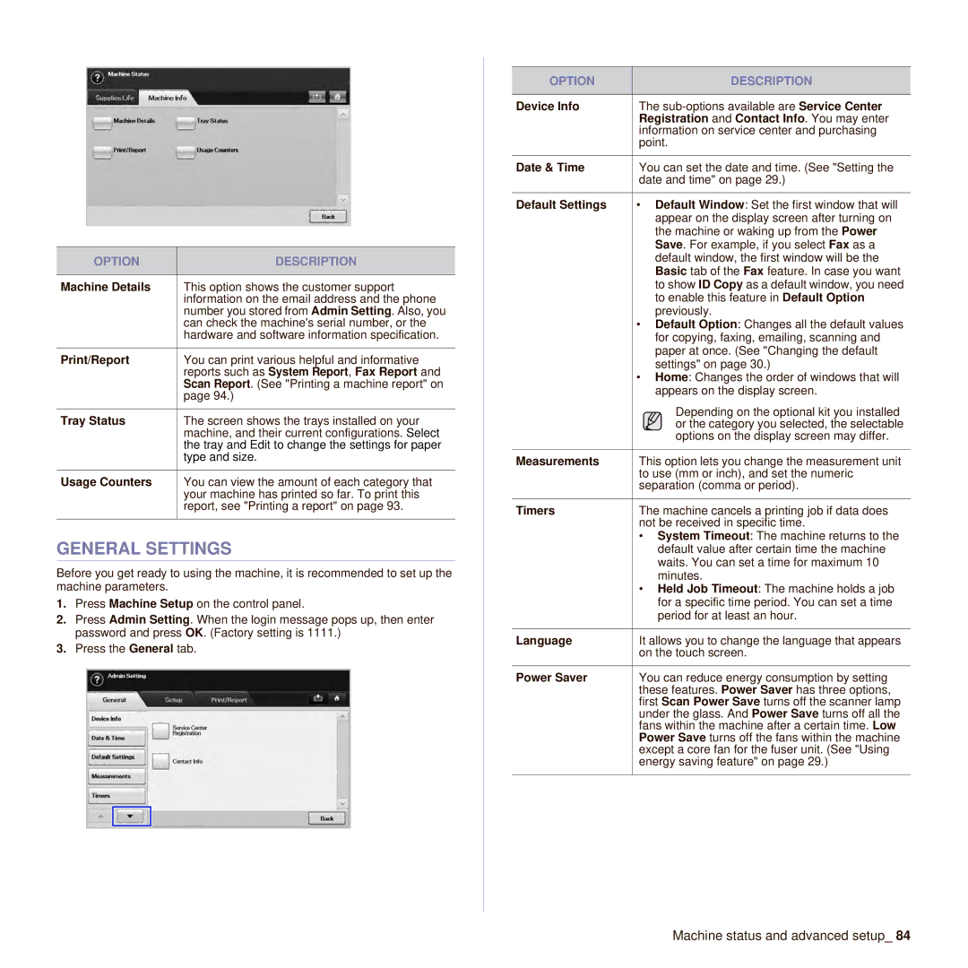 Samsung SCX-6545N manual General Settings, Option Description 