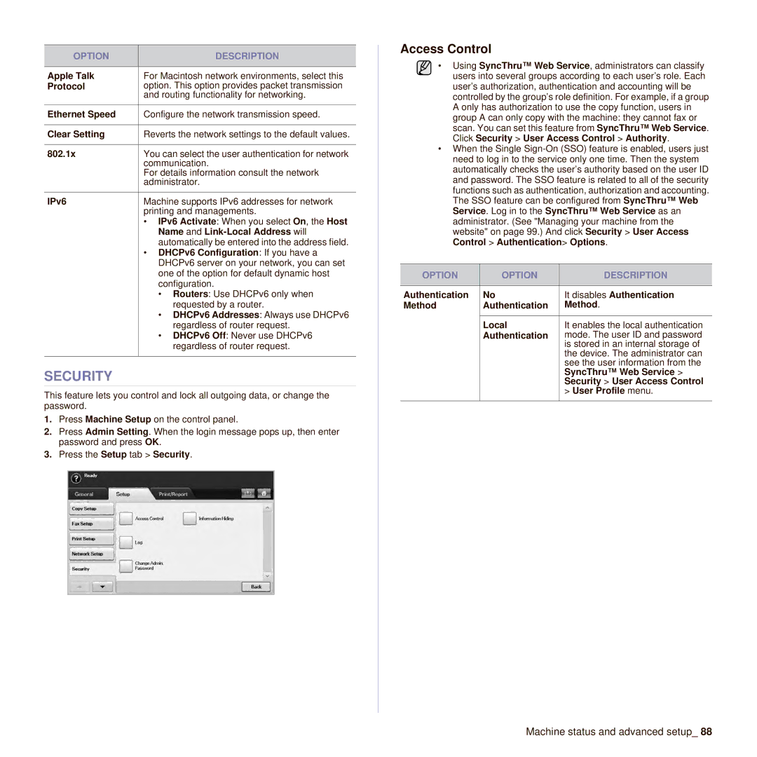 Samsung SCX-6545N manual Security, Access Control 