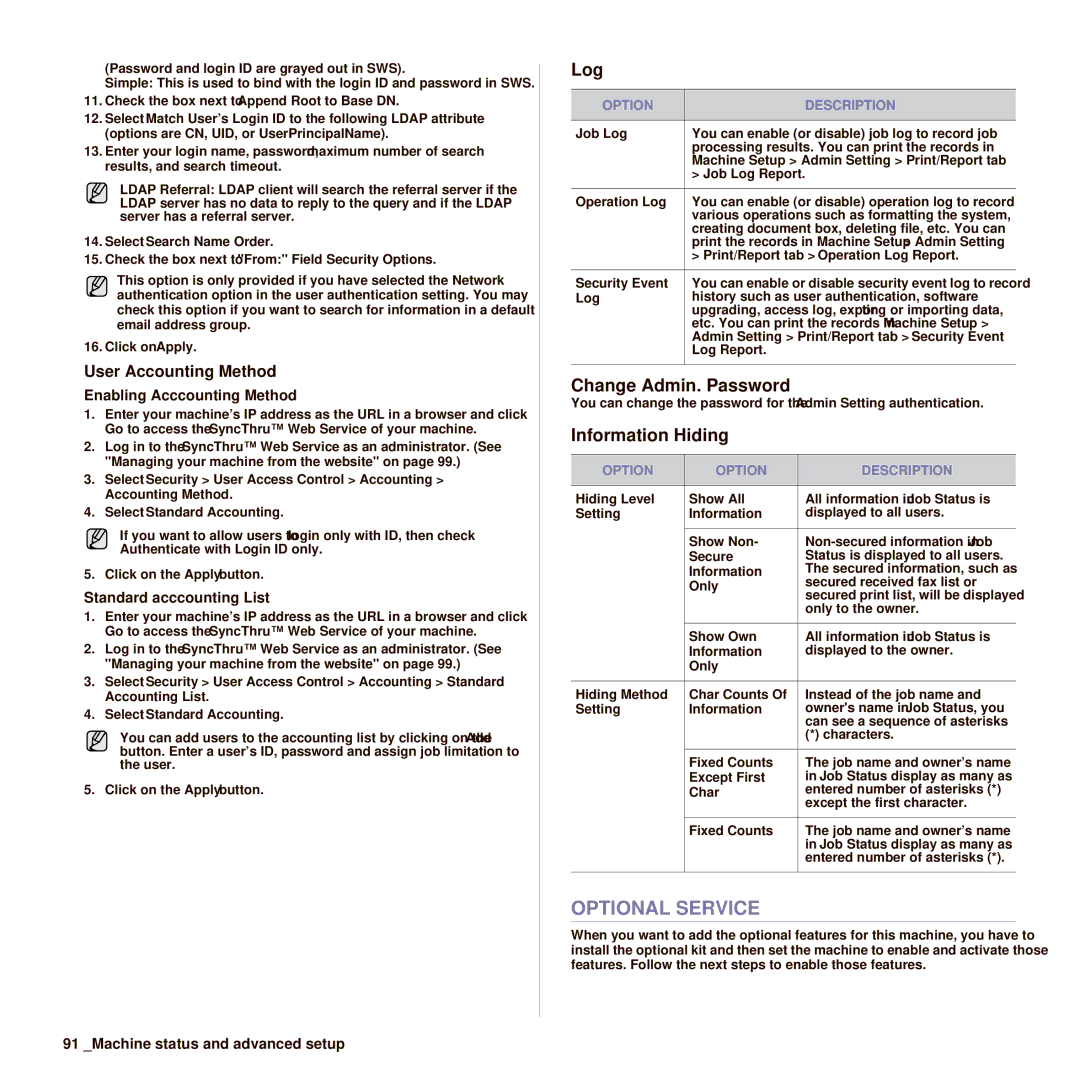 Samsung SCX-6545N manual Optional Service, Log, Change Admin. Password, Information Hiding, User Accounting Method 