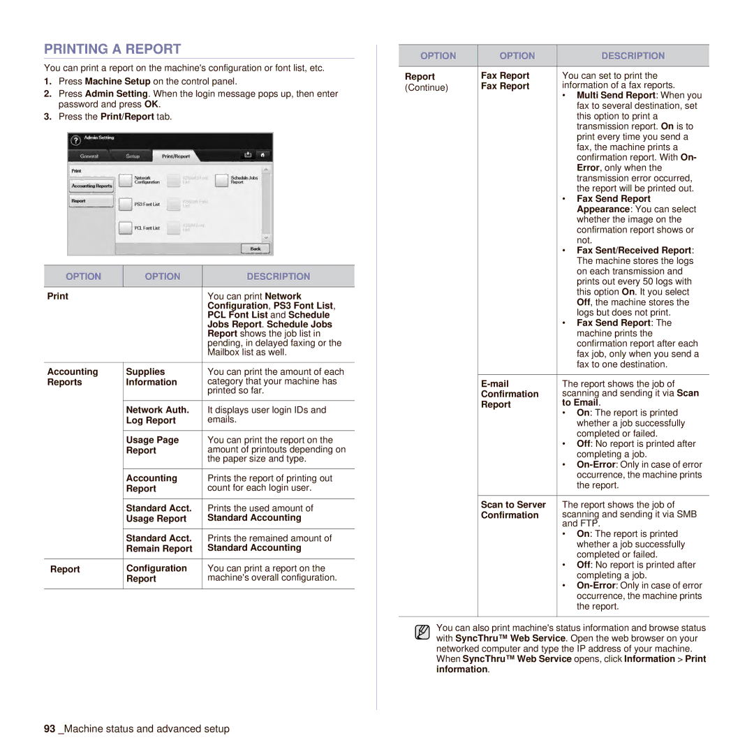 Samsung SCX-6545N manual Printing a Report 