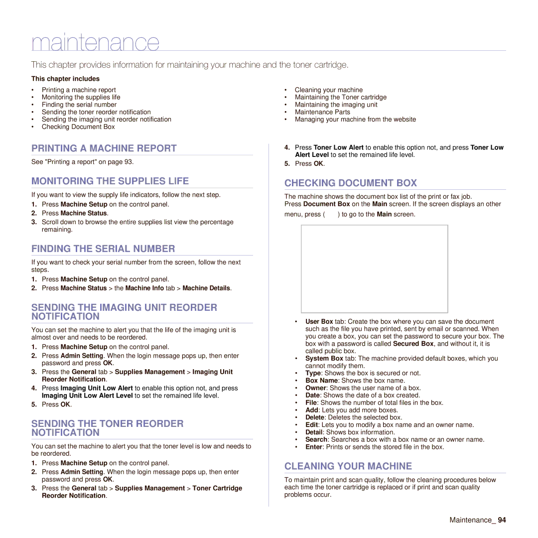 Samsung SCX-6545N manual Maintenance 