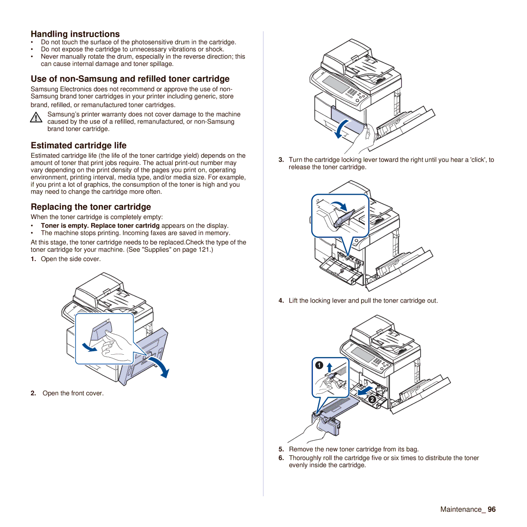 Samsung SCX-6545N manual Handling instructions, Use of non-Samsung and refilled toner cartridge, Estimated cartridge life 