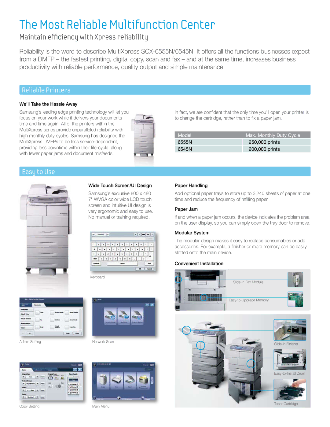 Samsung SCX-6545N manual Most Reliable Multifunction Center, Maintain efficiency with Xpress reliability, Reliable Printers 