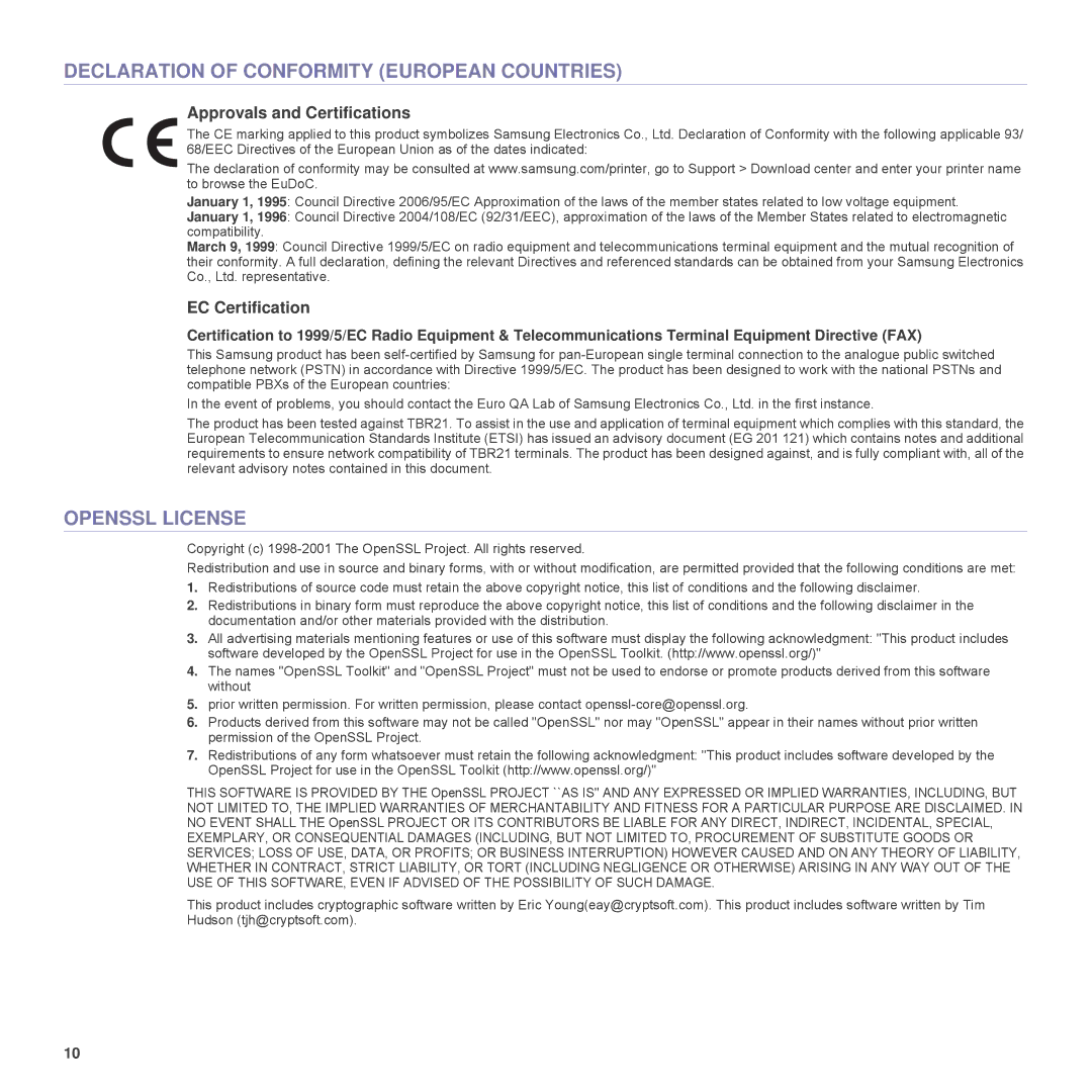 Samsung SCX-6555N Series manual Declaration of Conformity European Countries, Openssl License, Approvals and Certifications 