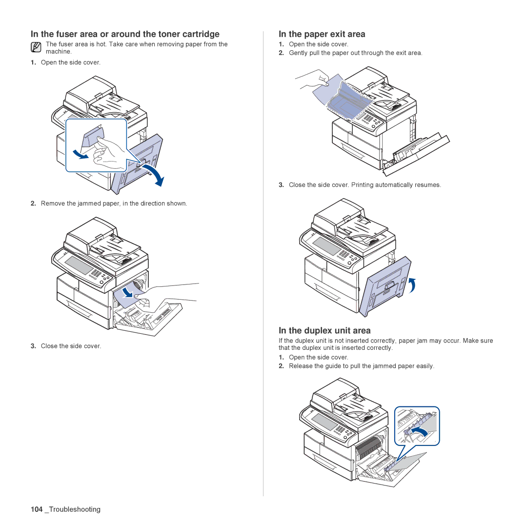 Samsung SCX-6555N Series manual Fuser area or around the toner cartridge, Paper exit area, Duplex unit area 