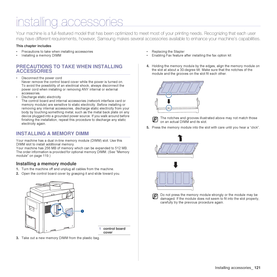 Samsung SCX-6555N Series Installing accessories, Precautions to Take When Installing Accessories, Installing a Memory Dimm 