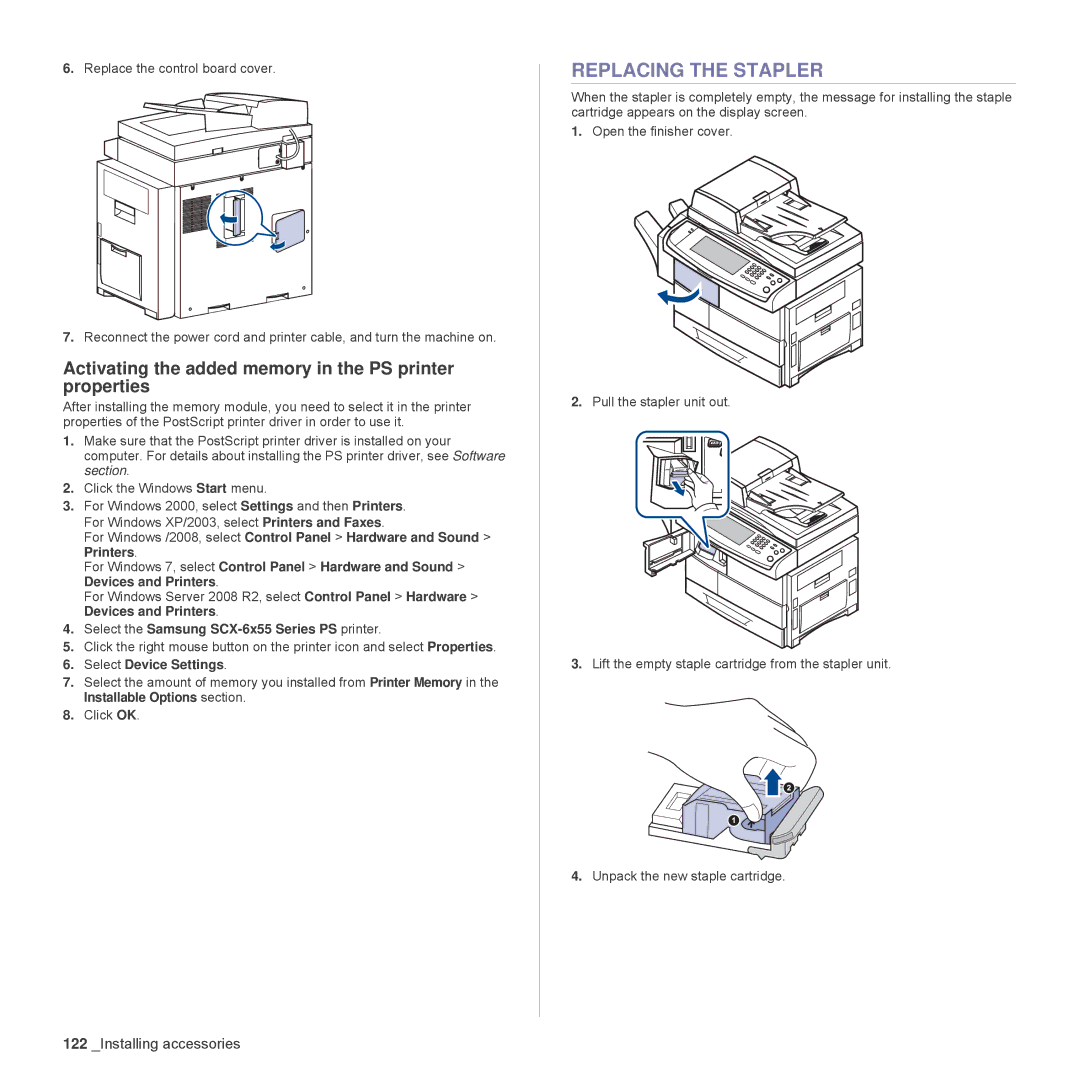 Samsung SCX-6555N Series manual Replacing the Stapler, Activating the added memory in the PS printer properties 