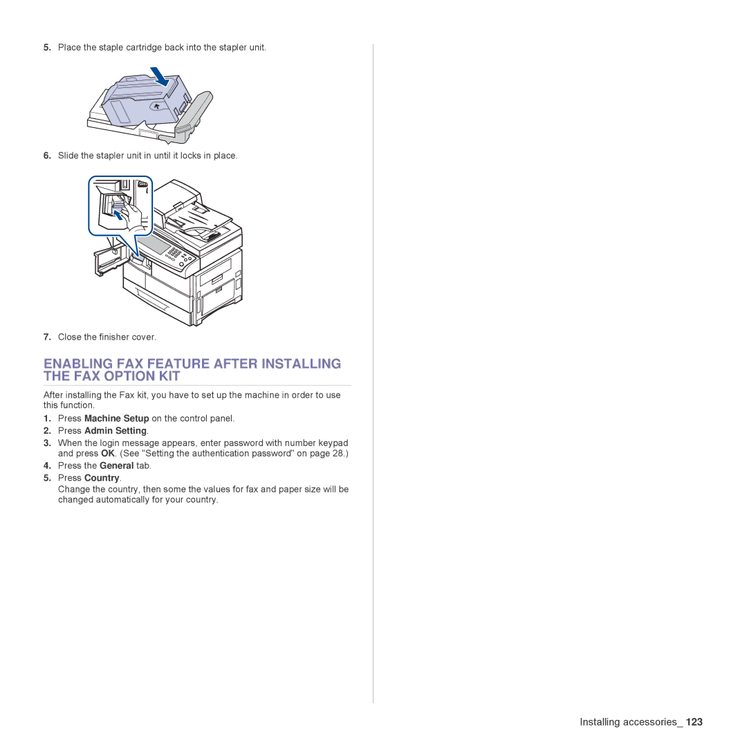 Samsung SCX-6555N Series manual Enabling FAX Feature After Installing the FAX Option KIT, Press Admin Setting 