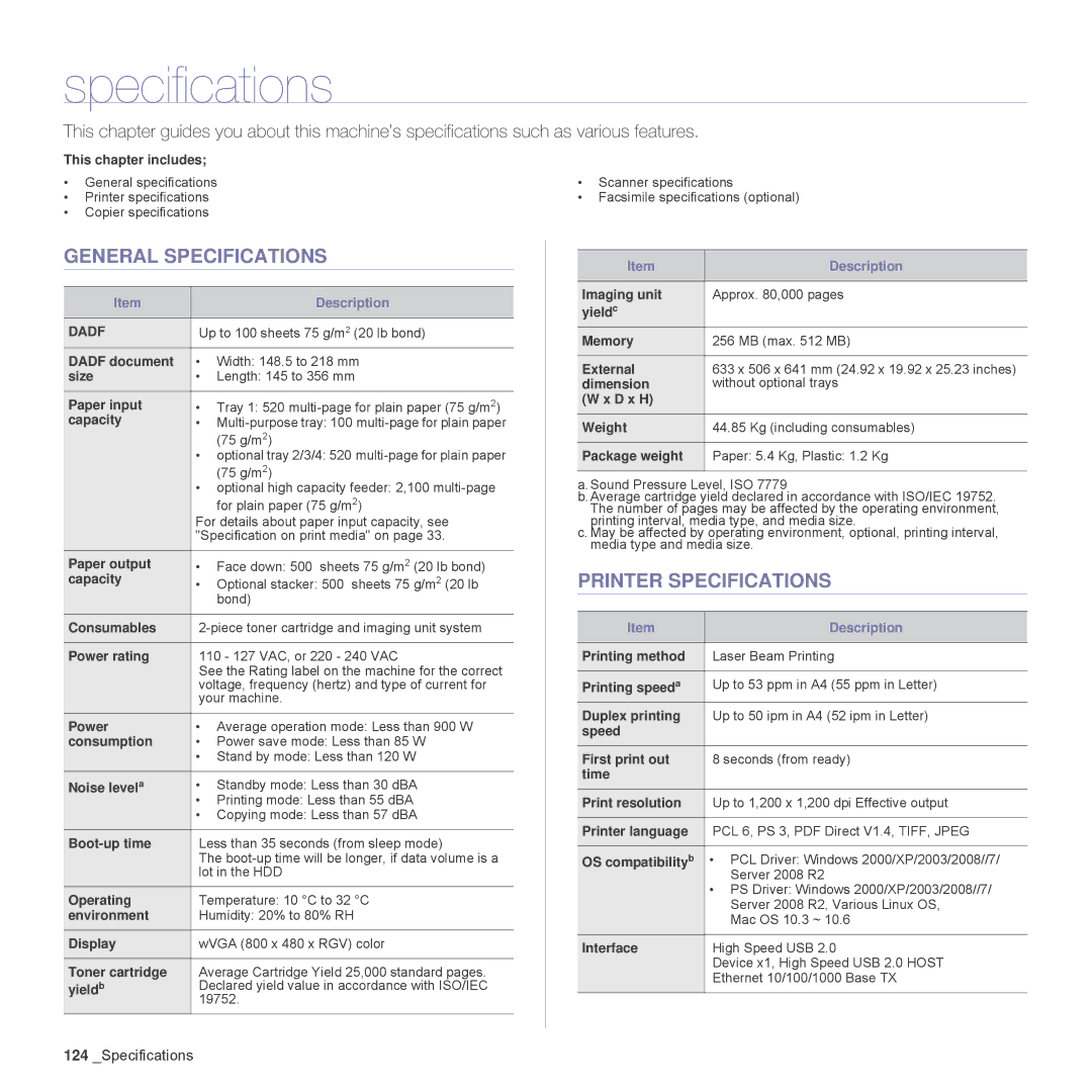 Samsung SCX-6555N Series manual General Specifications, Printer Specifications 