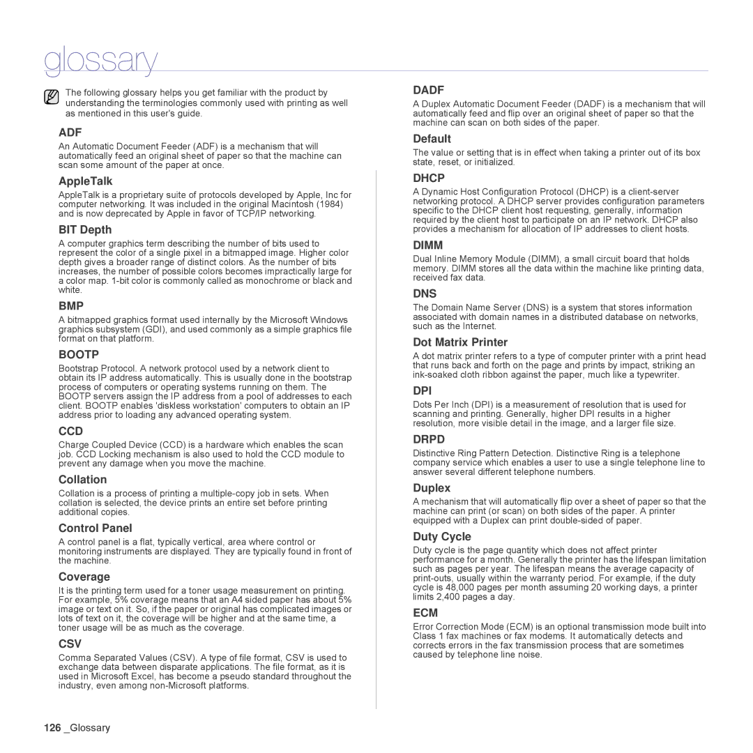 Samsung SCX-6555N Series manual Glossary 