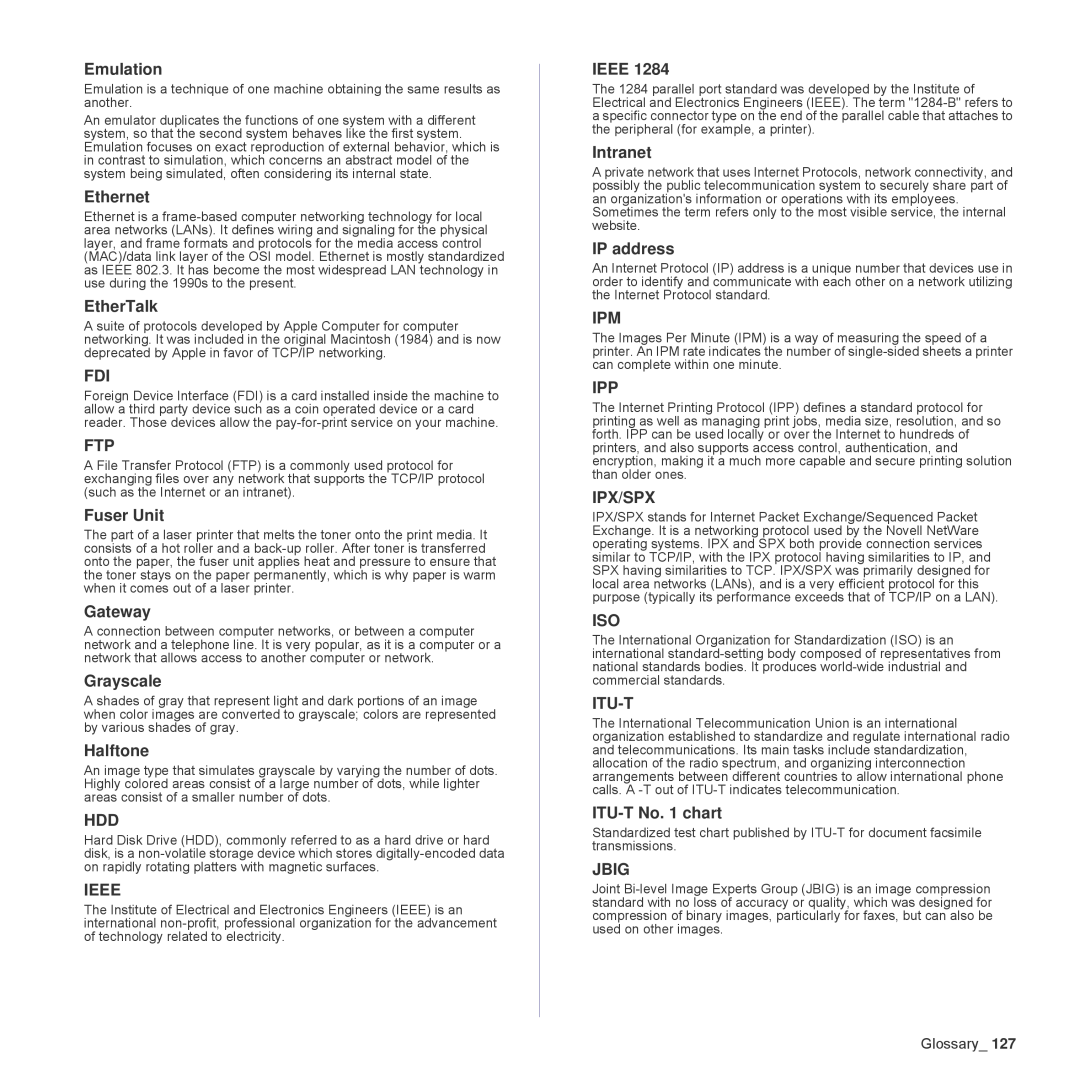 Samsung SCX-6555N Series manual Emulation, Ethernet, EtherTalk, Fuser Unit, Gateway, Grayscale, Halftone, Ieee, Intranet 