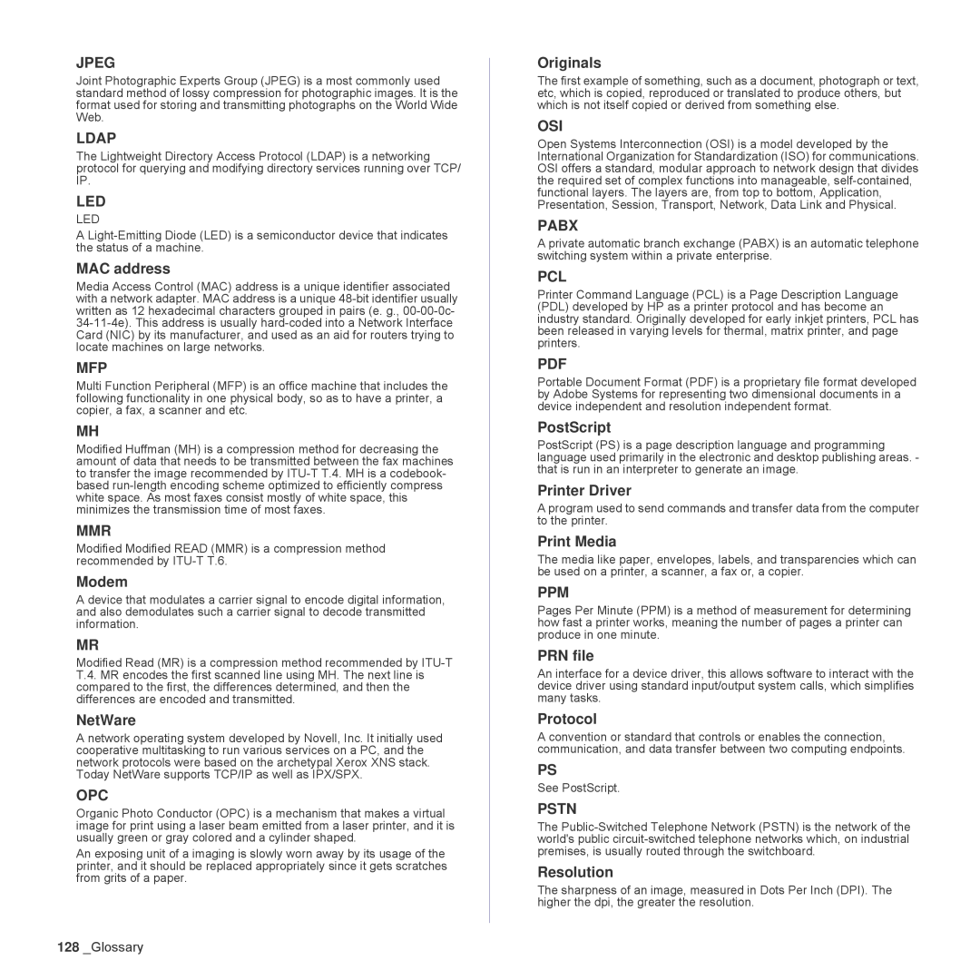 Samsung SCX-6555N Series manual MAC address, Modem, NetWare, Originals, PostScript, Printer Driver, Print Media, PRN file 