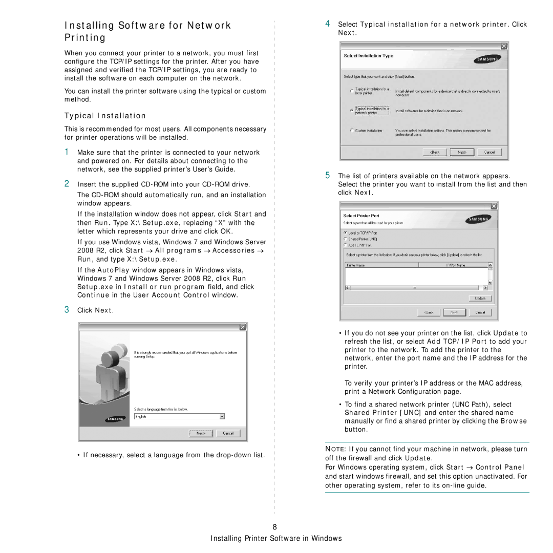 Samsung SCX-6555N Series manual Installing Software for Network Printing, Typical Installation 