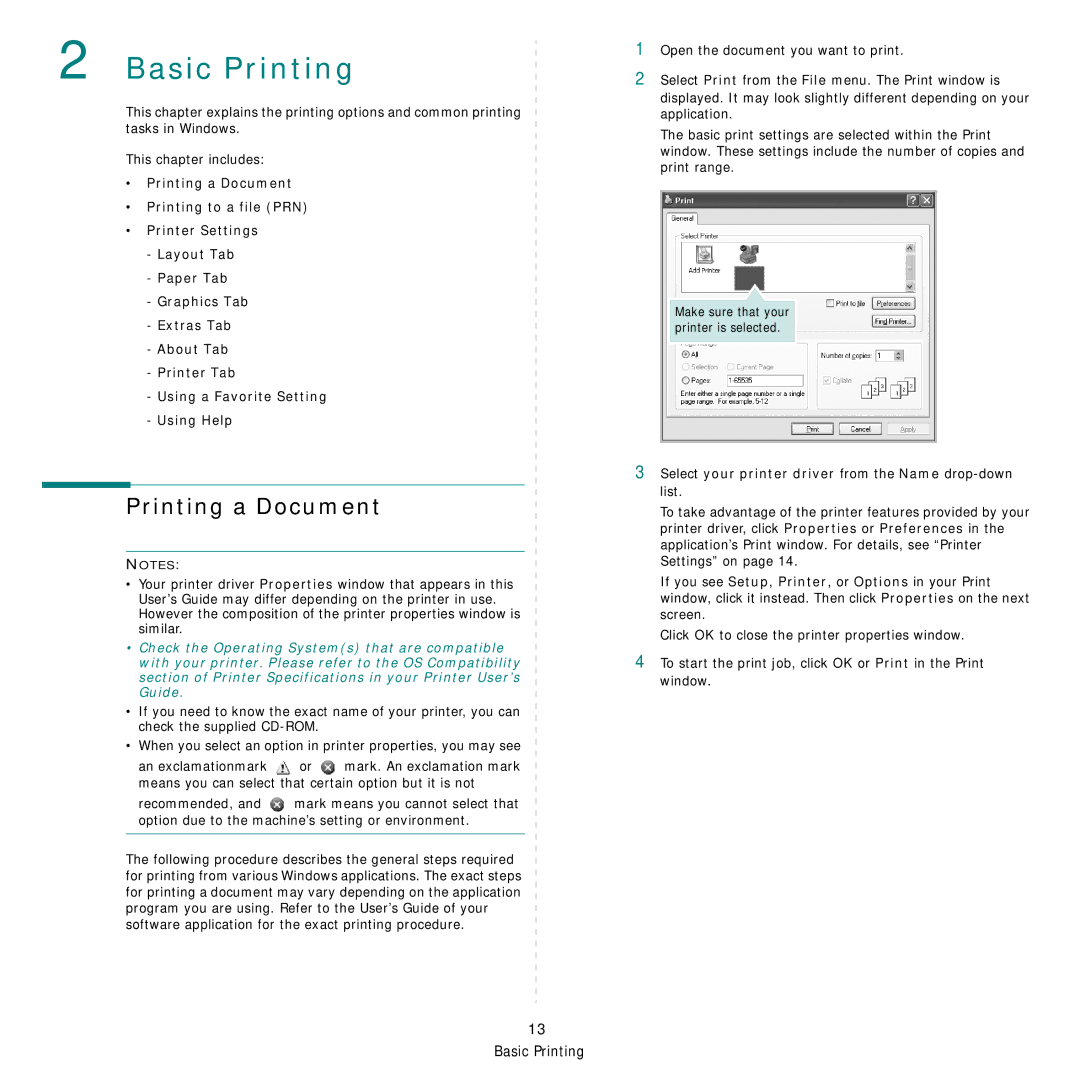 Samsung SCX-6555N Series manual Printing a Document, Select your printer driver from the Name drop-down list 